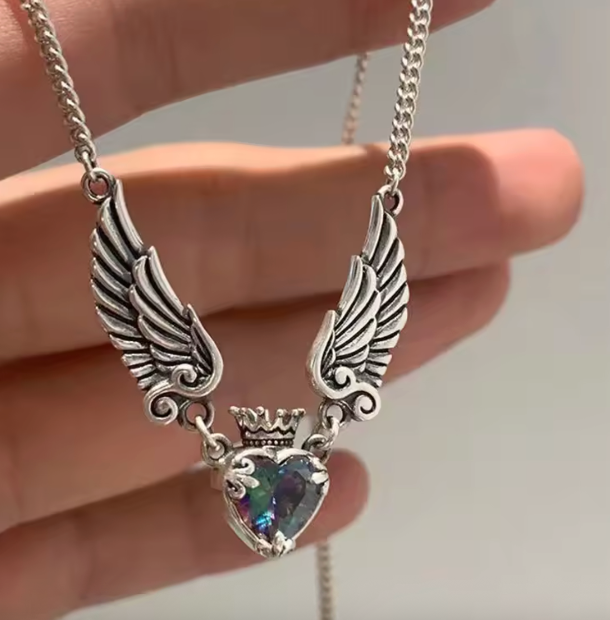 Vintage Gothic Heart Crown Angel Wings Pendant Necklace