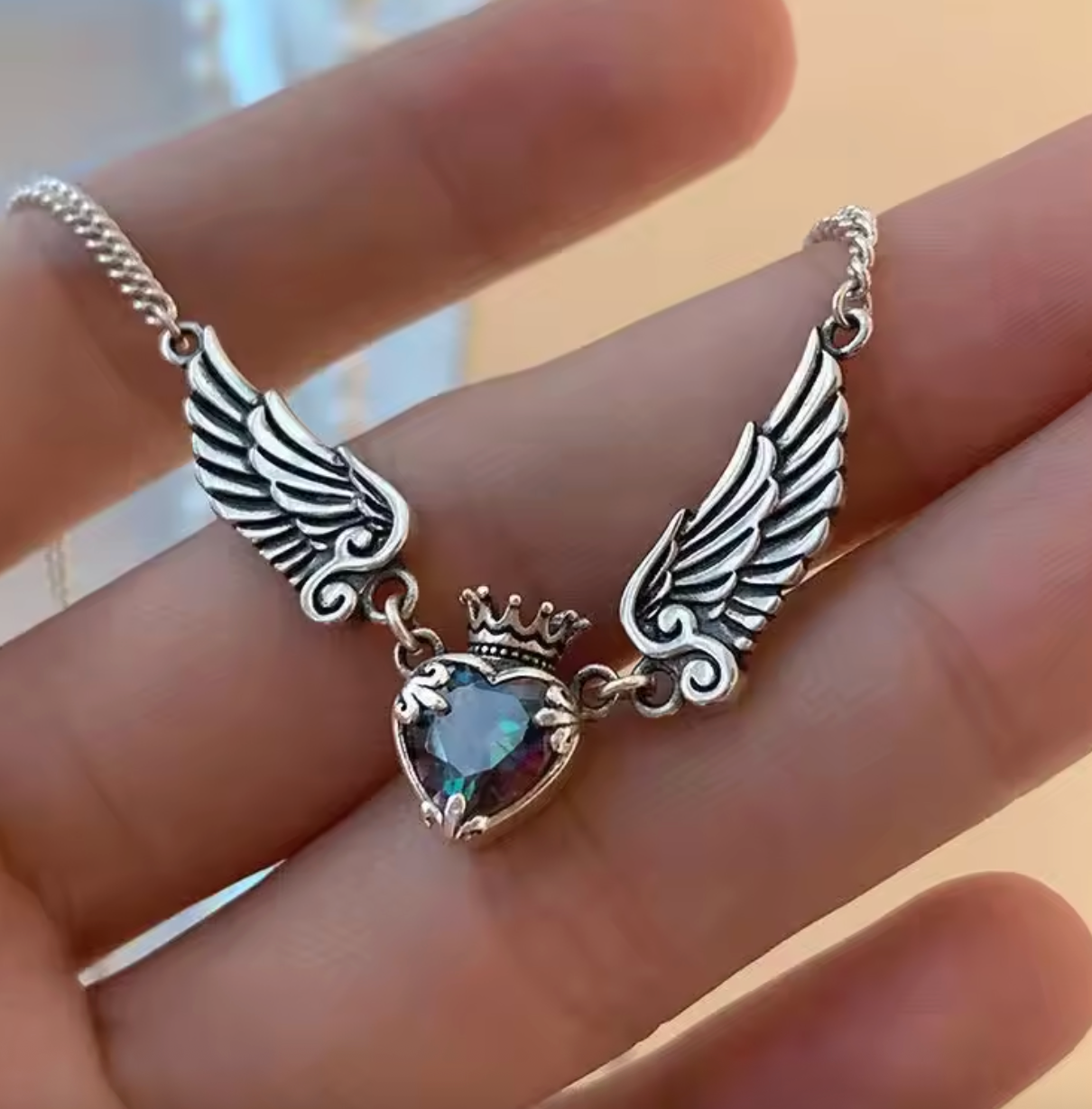Vintage Gothic Heart Crown Angel Wings Pendant Necklace
