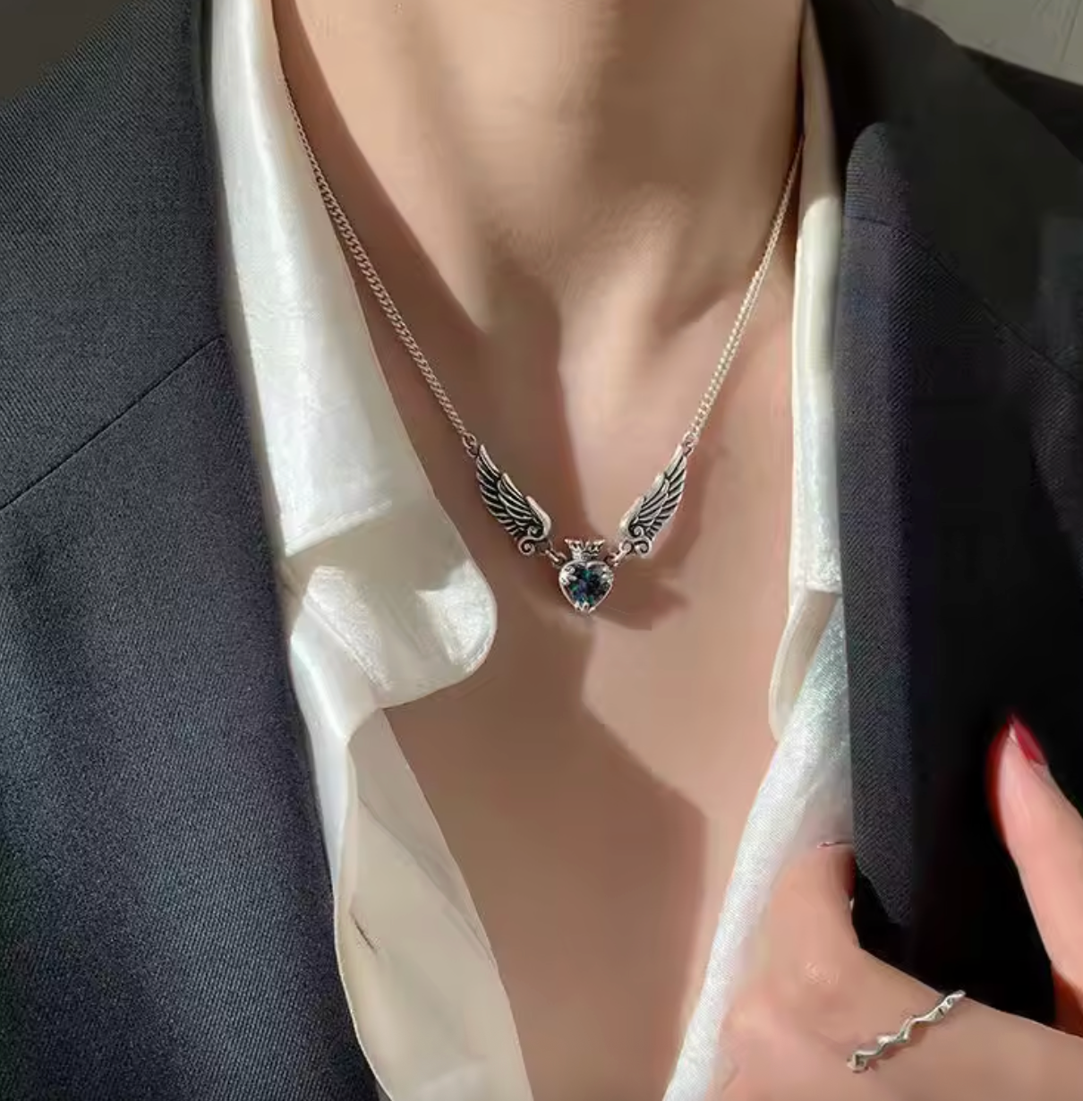 Vintage Gothic Heart Crown Angel Wings Pendant Necklace