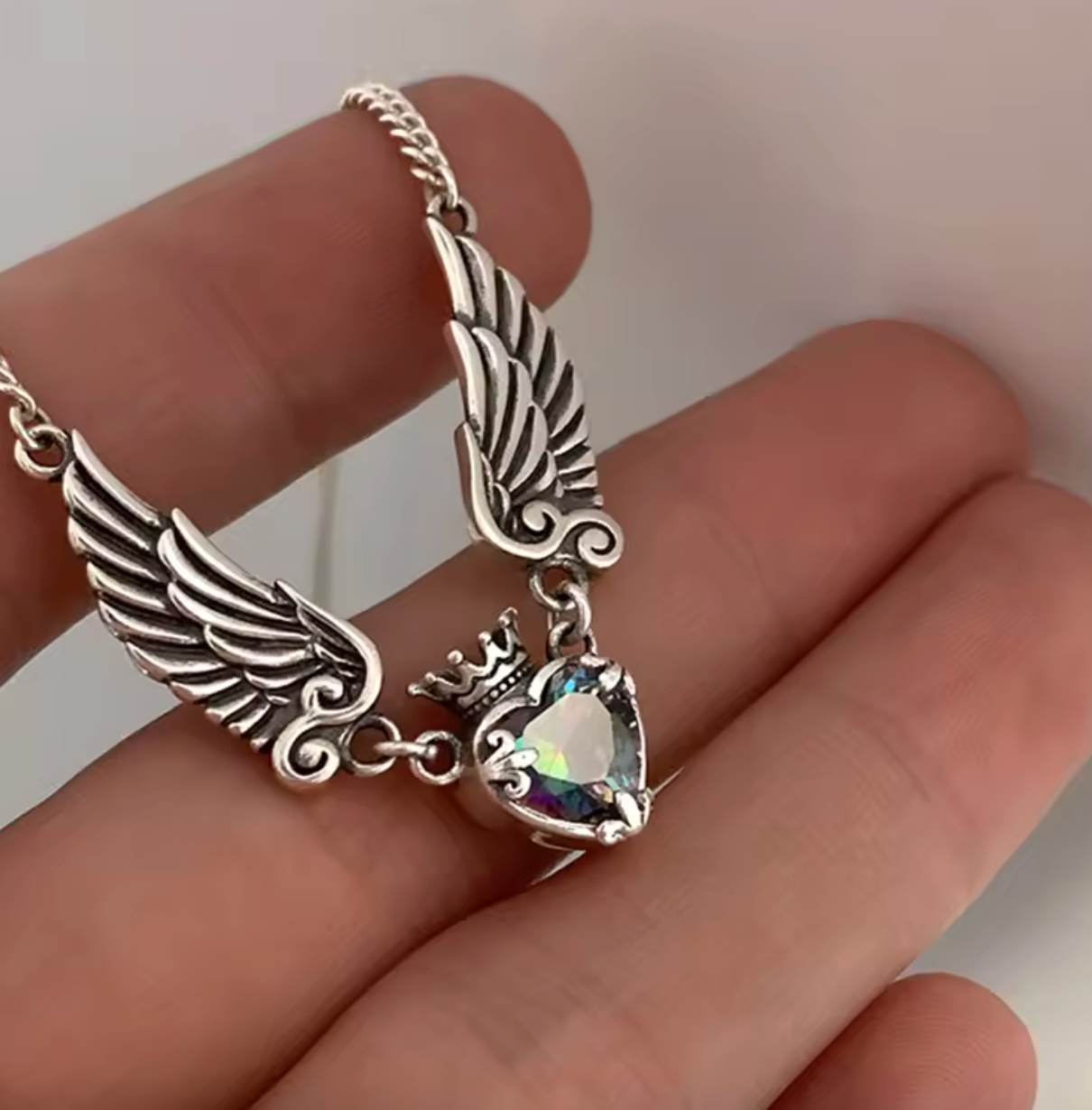 Vintage Gothic Heart Crown Angel Wings Pendant Necklace