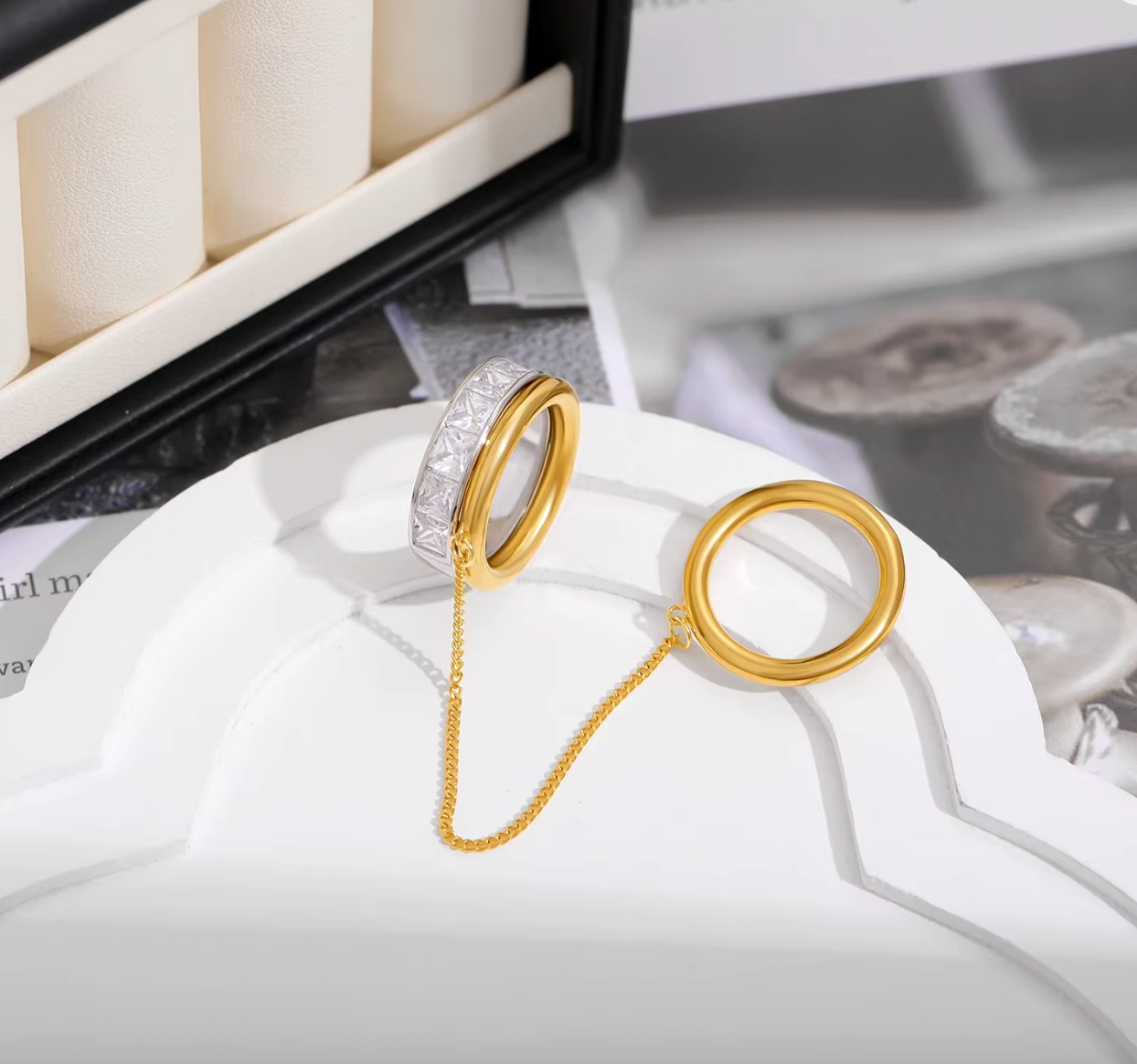 Gold Plated CZ Zircon Double Layer Chain Ring